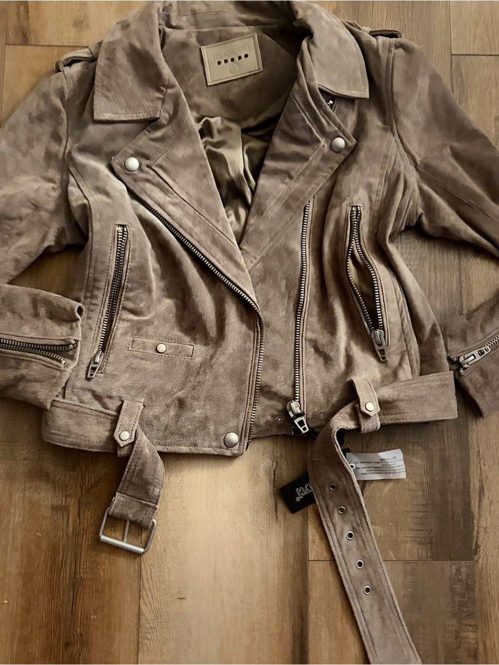 Blank NYC Taupe Suede Moto Jacket with Belt